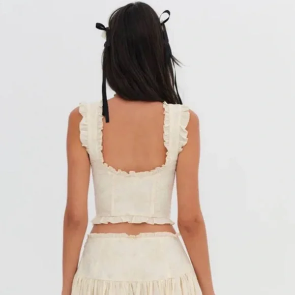 For Love & Lemons Gigi Floral Embroidered Sweetheart Ruffled Coset Crop Top - Picture 3 of 6